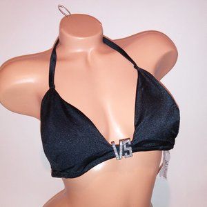 Victoria Secret Swim Bikini Top XL Solid Black Bling VS Logo Center Triangle Hal